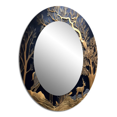 Golden Deer In Forest II - Large Oval Wall Mirror On Metal