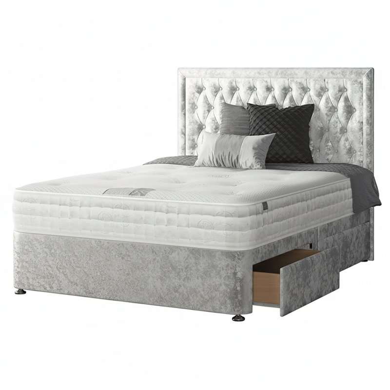 Gallego Upholstered UK Super King - DE 180 X 200 Cm Divan Bed, Silver, Super King (6'), 2 Foot-end Drawers