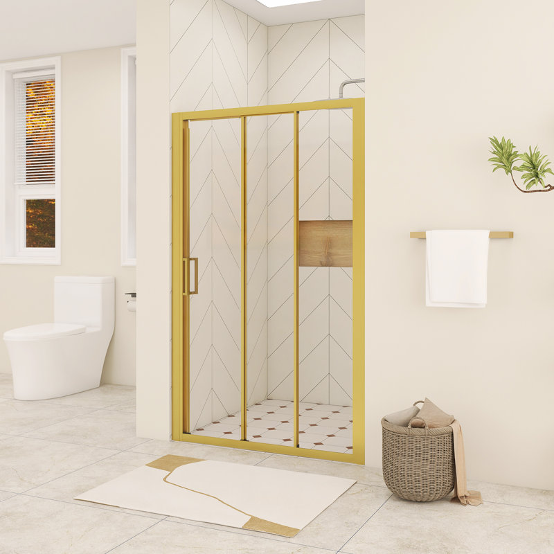 48 In. W X 76 In. H Sliding Framed Shower Door In Brushed Gold Finish, Brushed Gold