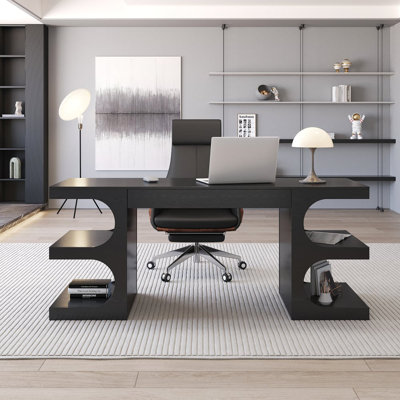 Modern Black Writing Desk Office Desk With 1 Drawer & 4 Open Shelves (64.2")