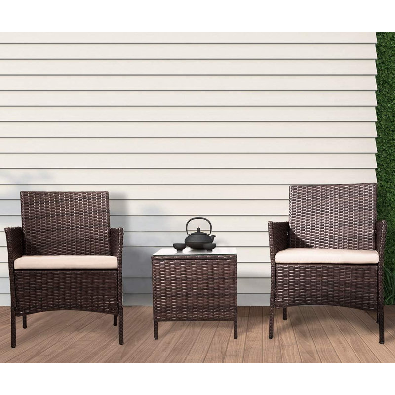 Ensemble de conversation en rotin avec coussins 3 pièces, Brun, Beige