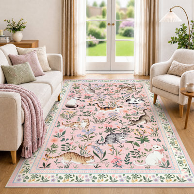 Cute Cat Floral Runner Rug Non-Slip Washable Soft Low-Pile Carpet