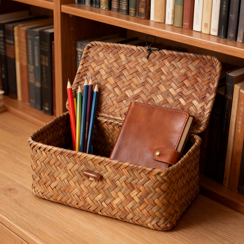 Handwoven Seagrass Storage Basket With Lid, Rectangular Wicker Shelf Organizer Bin For Home And Office