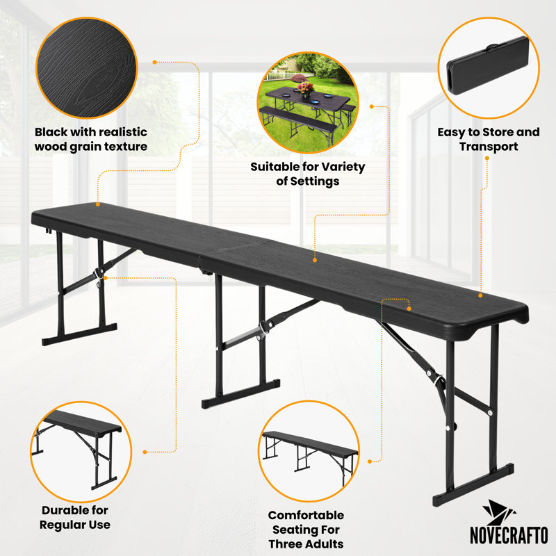 Calcedonio Outdoor Bench, 43cm H x 28cm W x 180cm D, Black