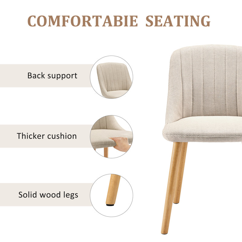 48.5cm H Upholstered Dining Chairs With Wooden Legs, 2, Beige Linen/Natural
