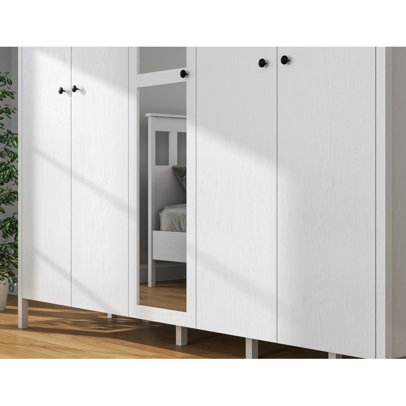 Modern Scandinavian Wardrobe, White & Wood Finish, 88.1 x 84.6 x 23.2 inches | 100% Melamine Coated Particle Board, MDF Profile Legs, Metal Handles | Numerous Shelves, Wall-Mountable Design, Stylish Storage Solution