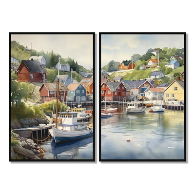 Small Town Harbor Norway III - Traditional Art Prints On Canvas 2 Pieces