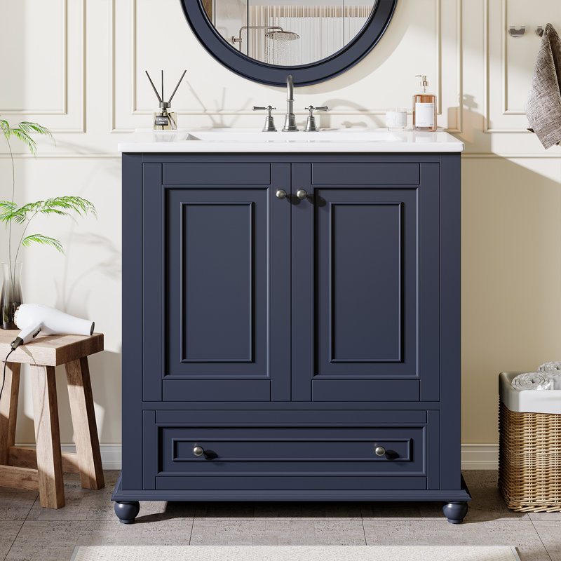 Meuble-lavabo moderne autoportant en bois massif de 30 po, lavabo inclus, Bleu, 30"