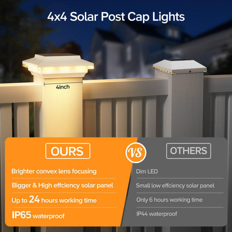Capuchon de poteau solaire 4 x 4 avec lumières améliorées, plus lumineuses et plus longues pour éclairer le pont de la clôture avec lumières chaudes / blanches, poteaux d'extérieur imperméables et lumières solaires pour porche de patio
