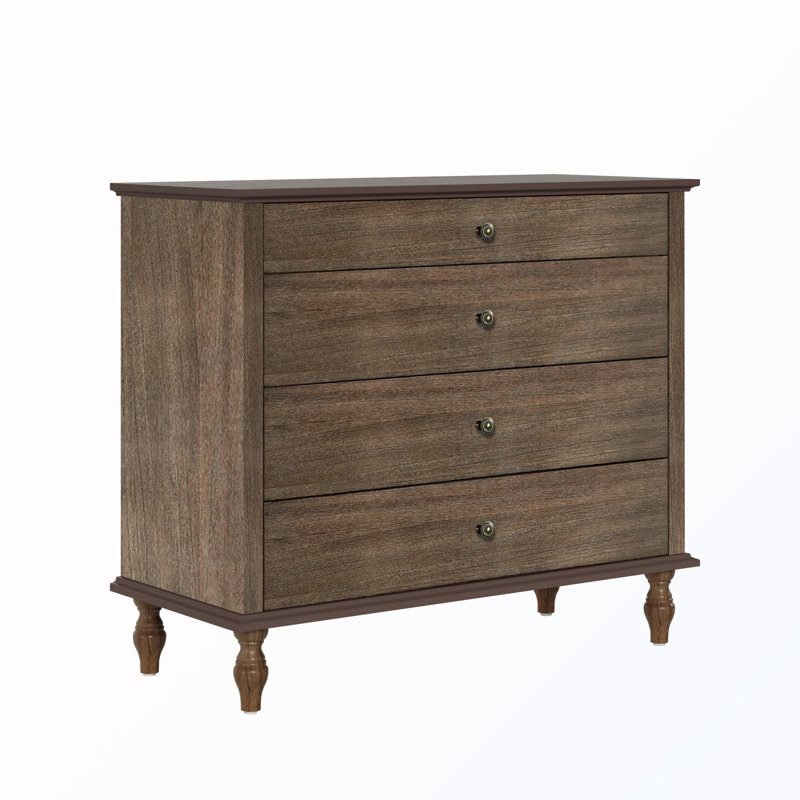Commode 4 tiroirs en bois avec poignées en métal, Brun foncé rustique