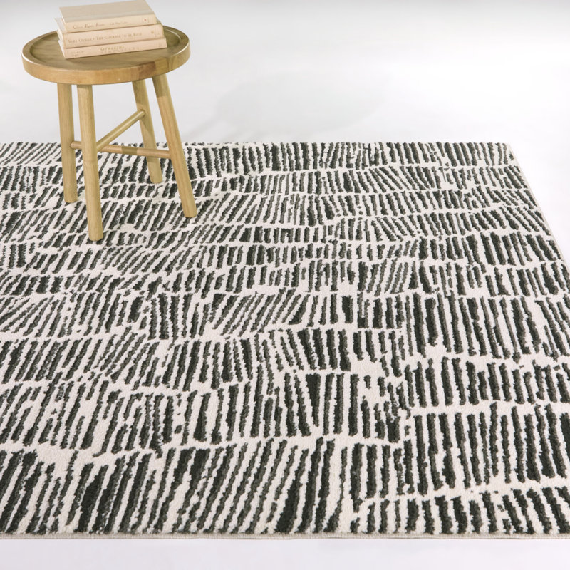 Kuzman Cream/Black Modern Textured Stripe Area Rug, 7'10" x 10'
