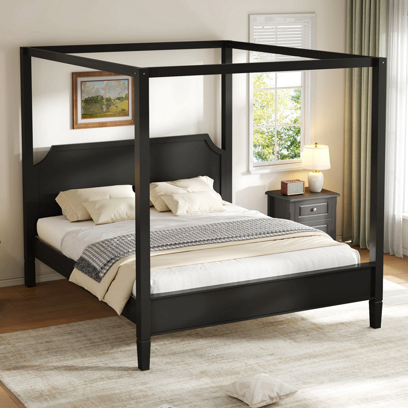 Grand lit plateforme à baldaquin en bois avec tête de lit et pieds de support, Noir