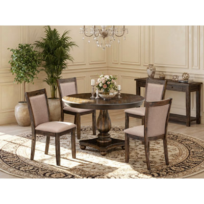 5 Piece Kitchen Table Set for 4 Includes a Round Dining Room Table with Pedestal and 4 Dark Khaki Linen Fabric Parsons Dining Chairs, Distressed Jacobean