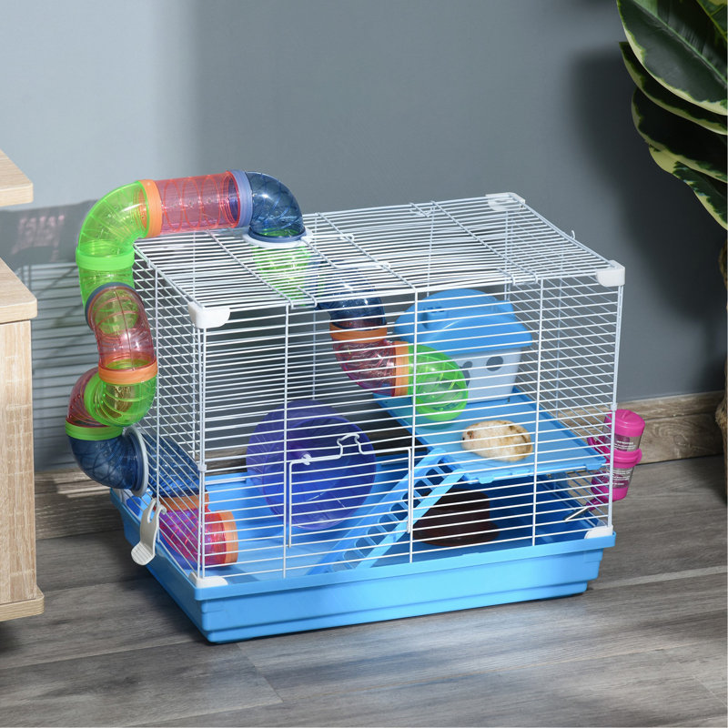 Cage à hamster 18 "à 2 niveaux avec roue et bouteille d'eau, bleu