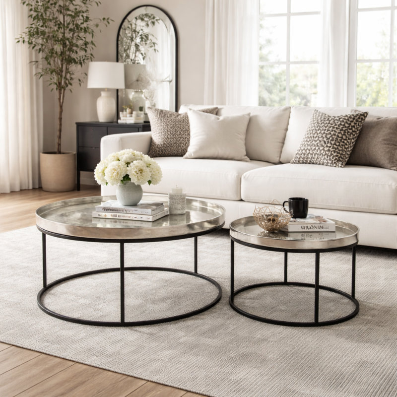 Set of 2 Silver Round Metal Coffee Tables