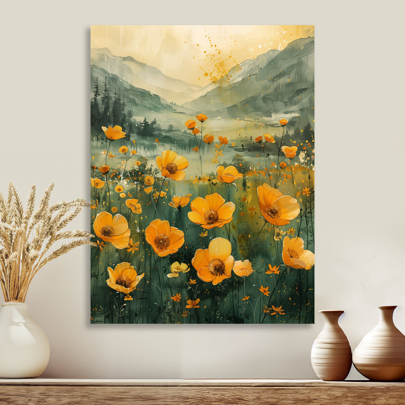 Reproduction d'art murale jaune jaune vert Sunlit Meadow III - Bouton d'or, Métal métal, H 32 po x l 16 po x P 1 po