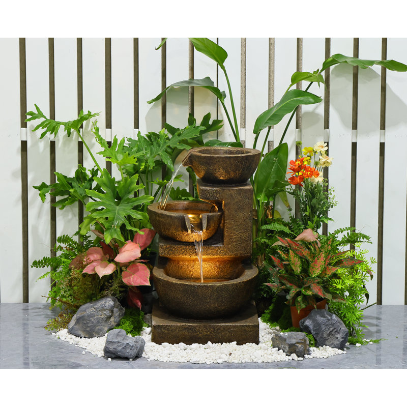 Weather Resistant Floor Table Top Fountain with Lights, Brown, 24" H x 14" W x 14" D
