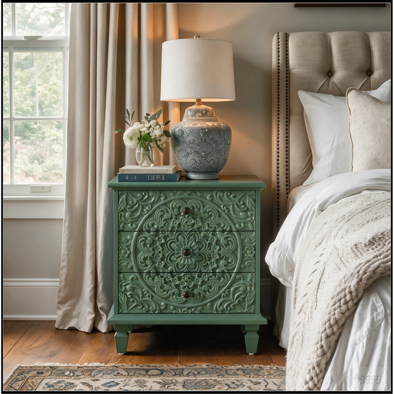 Table de chevet en bois sculpté avec 3 tiroirs, commode décorative en relief à volutes rétro, table de bout d'armoire de rangement pour le salon de la chambre à coucher, vert