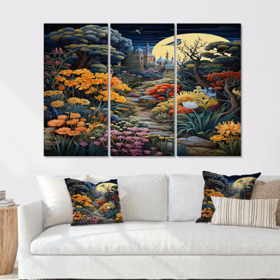 Ensemble de salon coloré avec chemin de fleurs et pleine lune magique - fleurs