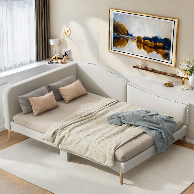 Upholstered Daybed With Headboard And Armrest, Beige, Full/Double
