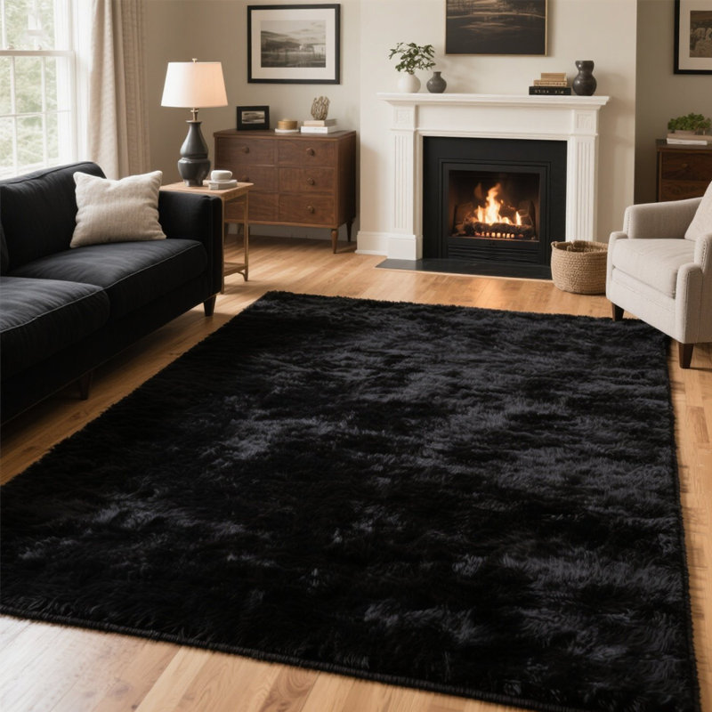 Soft Black Shag Area Rug, Rectangle 8' x 10', Black