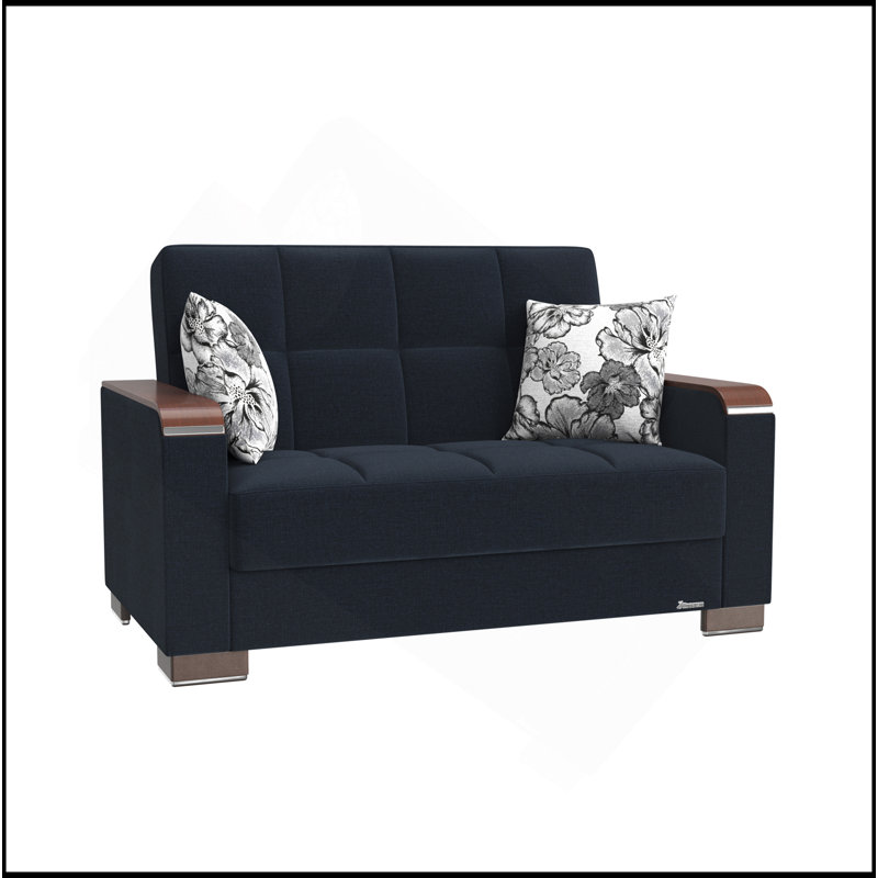 Causeuse convertible rembourrée avec garniture en bois et polyester, bleu foncé, Polyester bleu foncé