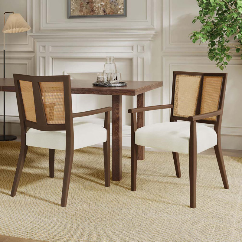 Chaises de salle à manger avec dossier en rotin, Noyer, Beige