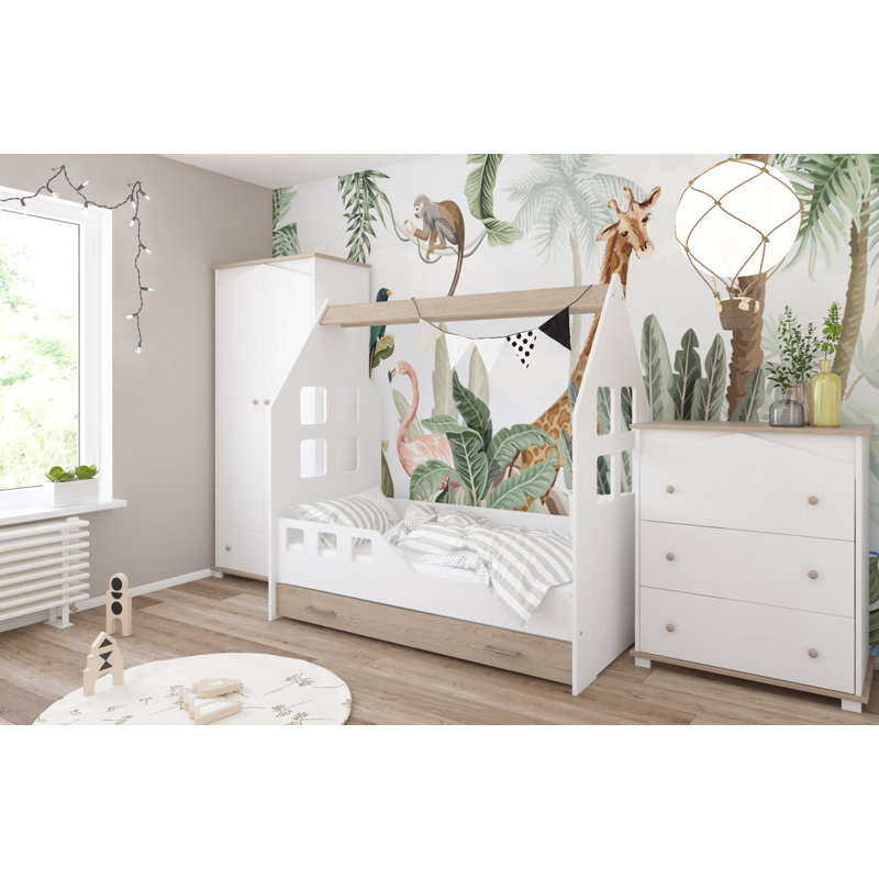 Fralick Cabin Bed House Beds with Storage Included, European Toddler (80 x 160cm), Oak/White