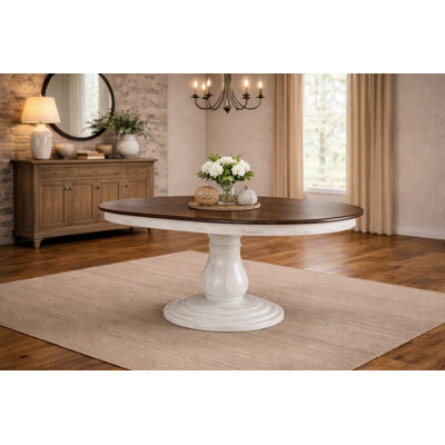 Table de salle à manger à rallonge ovale en bois massif 45 po x 45 po x 63 po à rallonge ovale blanche et brun cacao avec rallonge de 18 po (4 à 6 places)