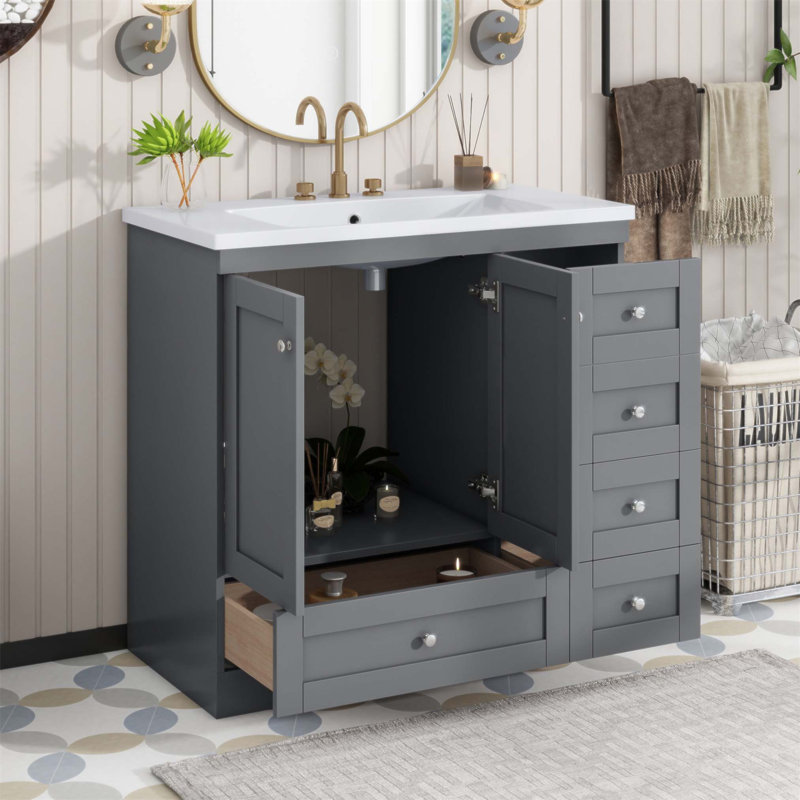 Meuble-lavabo autoportant de 36 po de style Shaker avec lavabo, tiroirs et portes à fermeture en douceur, lavabo en résine durable