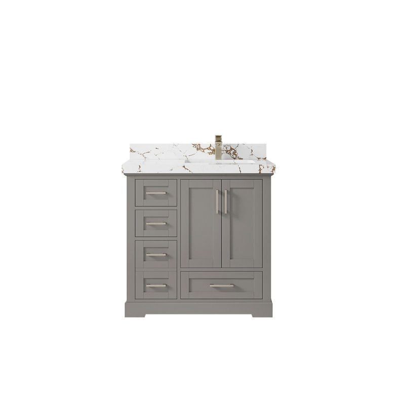 Boston 36 In. W X 22 In. D Right Offset Sink Bathroom Vanity In Elephant Skin Gray With 2 In. Viola Brown Quartz
