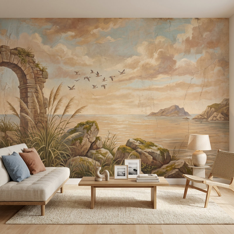 Murale de paysage côtier, ruche en pierre, fresque murale rétro, Texturé non collé, 100 po x 96 po