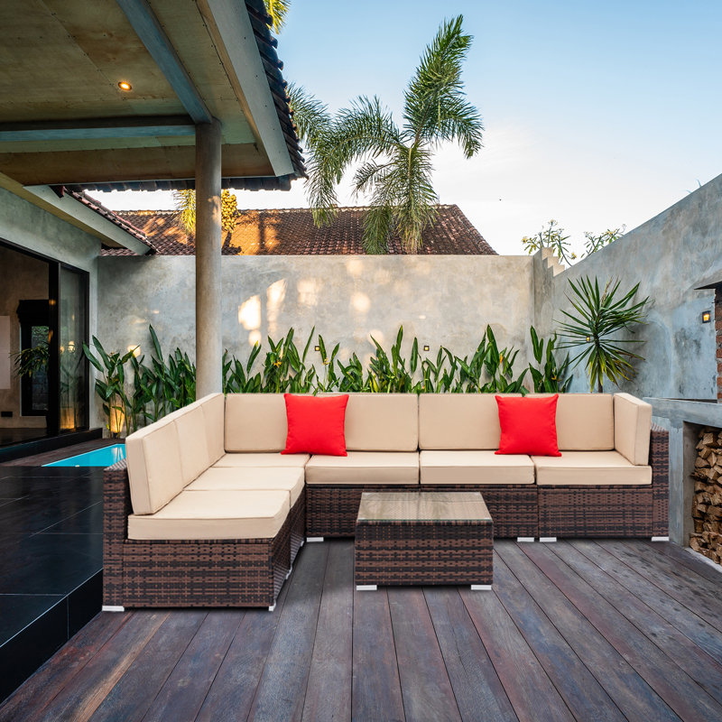 Aldebaran Wicker 6 - Person Modular Patio Conversation Set with Cushions, Brown Frame/Beige Cushion