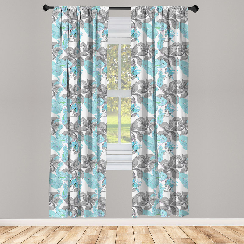 Floral Gray and Blue Semi-Sheer Microfiber Curtain Panels, 28" x 95"