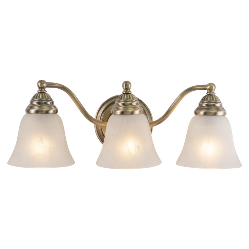 Moyer 3-Light 19 inch Wide Antique Brass Gold Traditional Bathroom Vanity Lighting Fixture, White Alabaster Glass Shade, Dimmable, LED Compatible, Over the Mirror Mounted Steel Wall Sconce