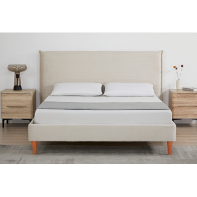 Koda Low-Profile Beige Fabric Upholstered Headboard Platform Bed with Solid Wood Frame