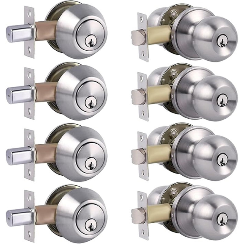 Serrure à pêne dormant simple à cylindre et bouton de porte avec serrure, serrures à clé identiques pour porte d'entrée (nickel satiné, ensemble de 4)