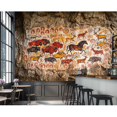 Peel and Stick Wallpaper Ancient Cave Painting Wildlife Hand Stencils Red Earth Tones Wall Murals 69"H x 96"W Removable PVC Wall Paper Self-Adhesive Wall Decor for Bedroom Living Room Home Office