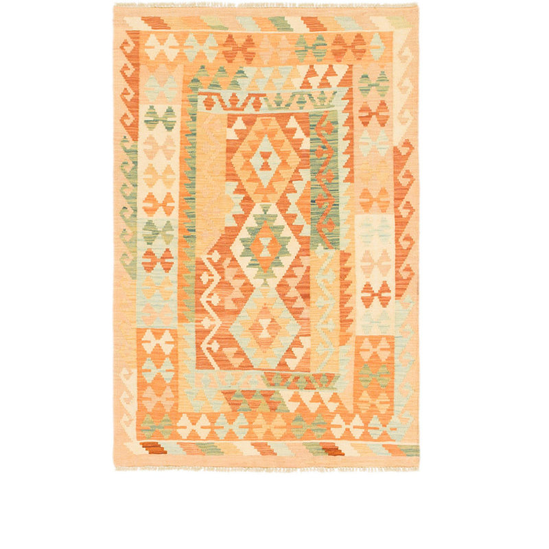 Tapis en laine rouge/vert 3 pi 2 po x 4 pi 10 po one-of-kind à la main-noué la new age Elland