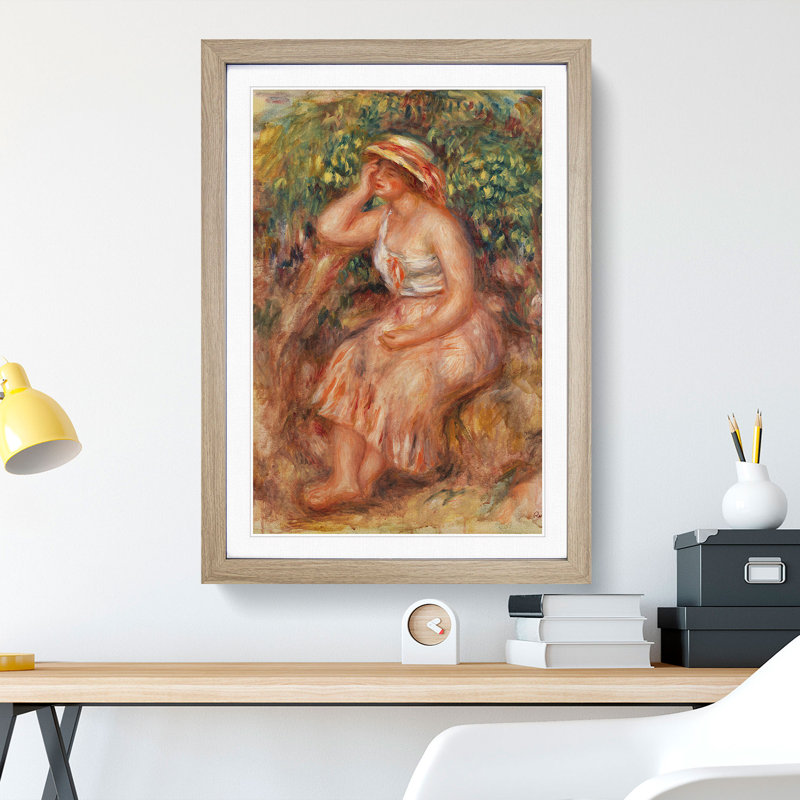 Woman Daydreaming by Pierre-Auguste Renoir - Picture Frame Painting, 36cm H x 27cm W x 2cm D, Oak
