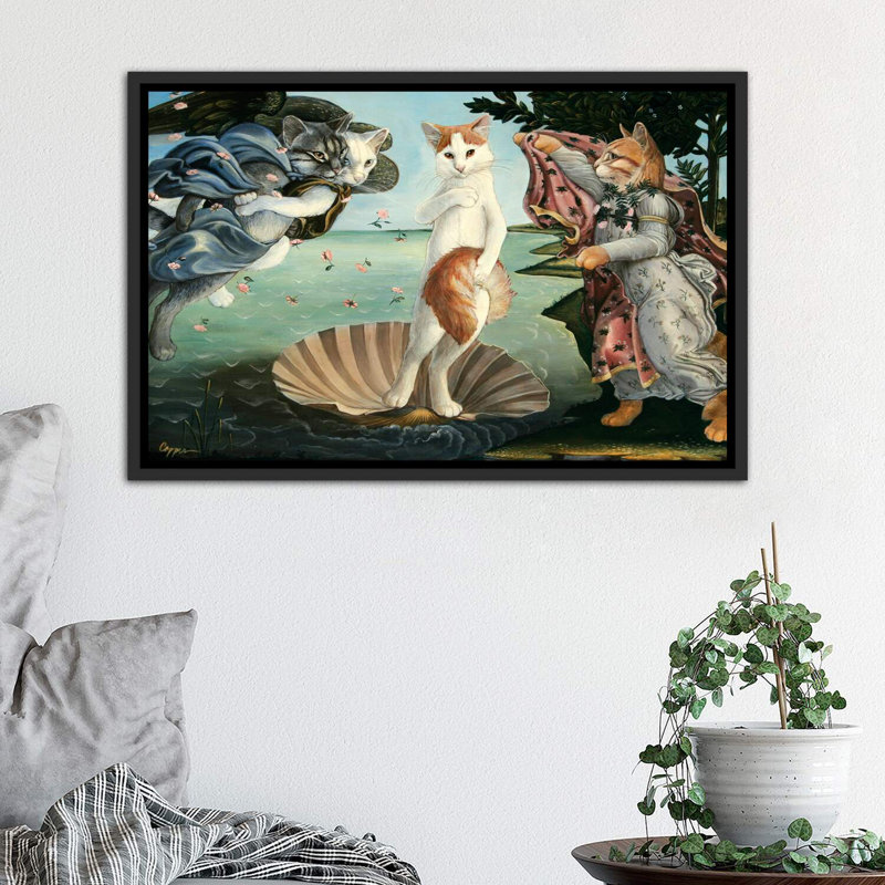«Kitty On The Half Shell» - Impression, H 18 po x l 26 po x P 1,5 po, Toile avec cadre noir patiné