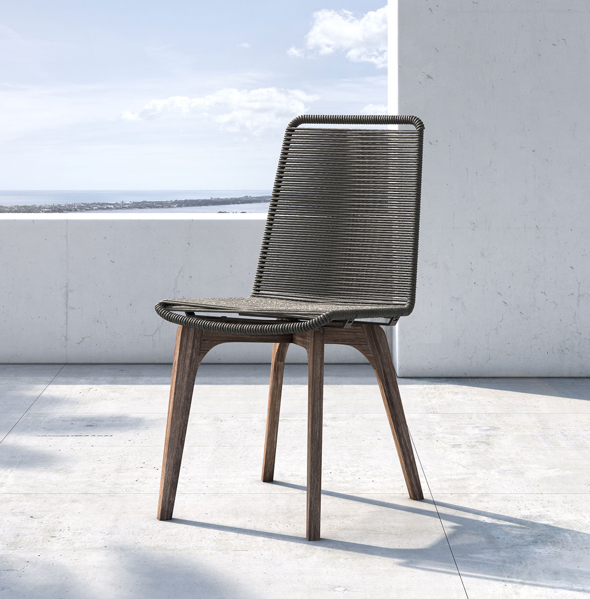 Huck Wood Premium All-Weather Wicker Outdoor Dining Side Chair, Dark Gray Cord/Distressed Eucalyptus