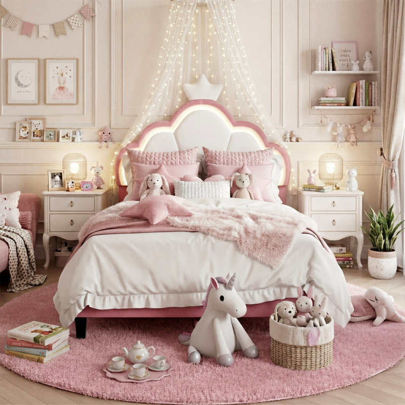 European Single & Double Upholstered Princess Bed With LED Crown Headboard, Pink Velvet, European Single (90 x 200 cm)