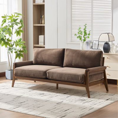 Canapé Mid-Century moderne en tissu de velours avec structure en bois massif, coussins confortables, canapé rembourré 3 places pour le salon