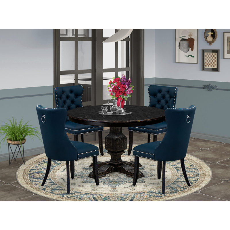 5 Piece Dining Table Set Contains a 48" Round Table with Pedestal and 4 Navy Blue Polyester Fabric Upholstered Chairs, Sand Blasted Black