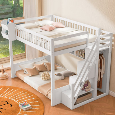 Queen Size Wooden Loft Bed with Staircase and Wardrobe,Storage Shelves and Under-bed Space,White