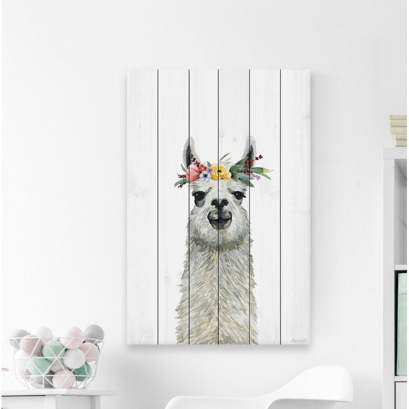 'Flower Crowned Llama' Print On White Wood, 60.00" H x 40.00" W