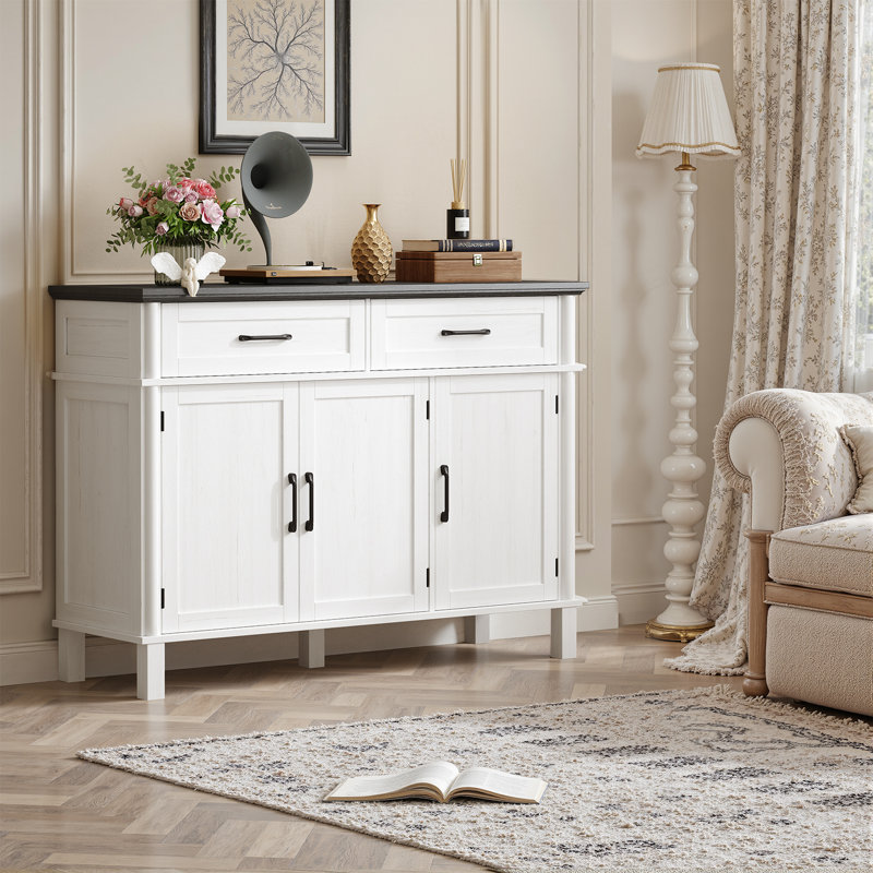Buffet Cabinet Sideboard With Drawers, Shelves And Doors, White/Black, 34.2" H x 47.2" W x 14.9" D