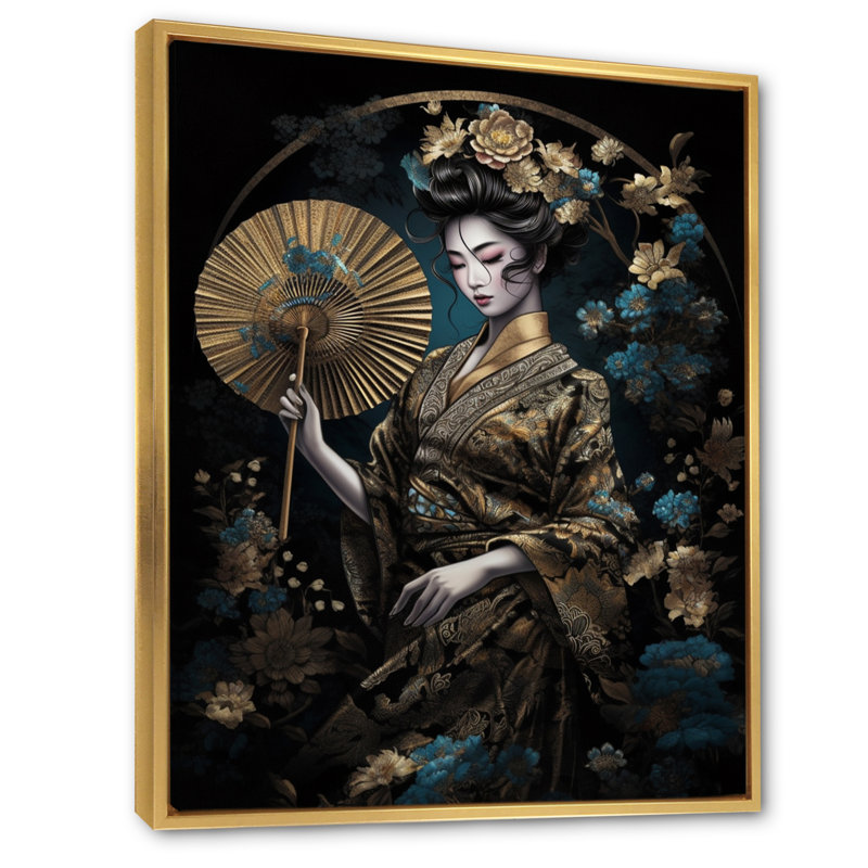 Élégante japonaise, art mural japonais, H 44 po x l 34 po x P 1,5 po, Cadre flottant doré