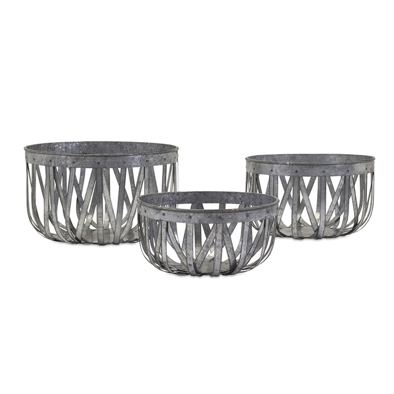 Decorative Accent Storage Baskets Set Of 3, Intricate Gray Open Iron